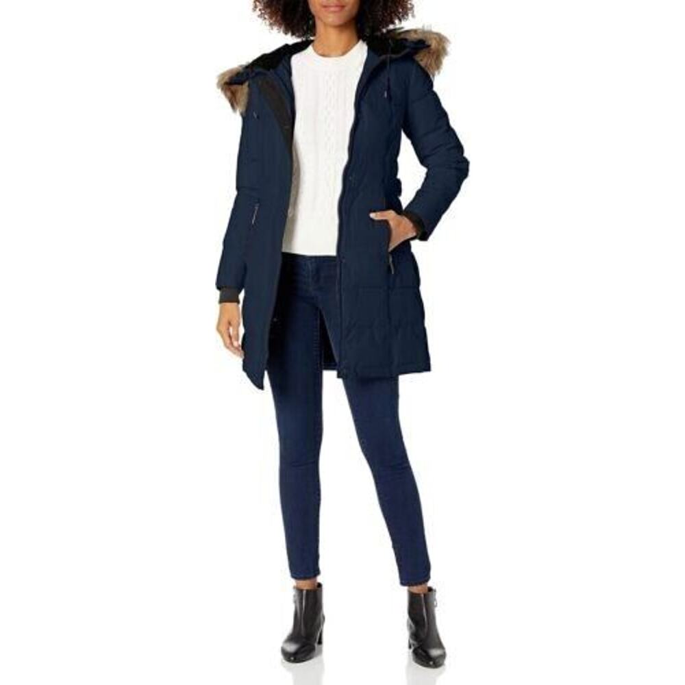 Nine West Women's Removable Faux Fur Trimmed Hooded Parka Navy Xsmall MSRP $220‎